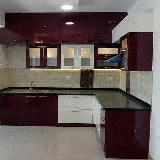 Glossy burgundy and white acrylic modular kitchen Bharatpur